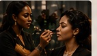 On-set beauty instruction between artist and model.