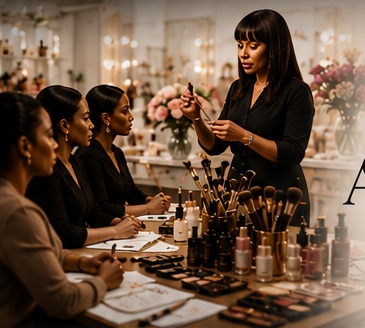 LeDiedra leading beauty instruction at a makeup table.