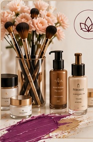 LMB products and makeup brushes arranged with flowers.