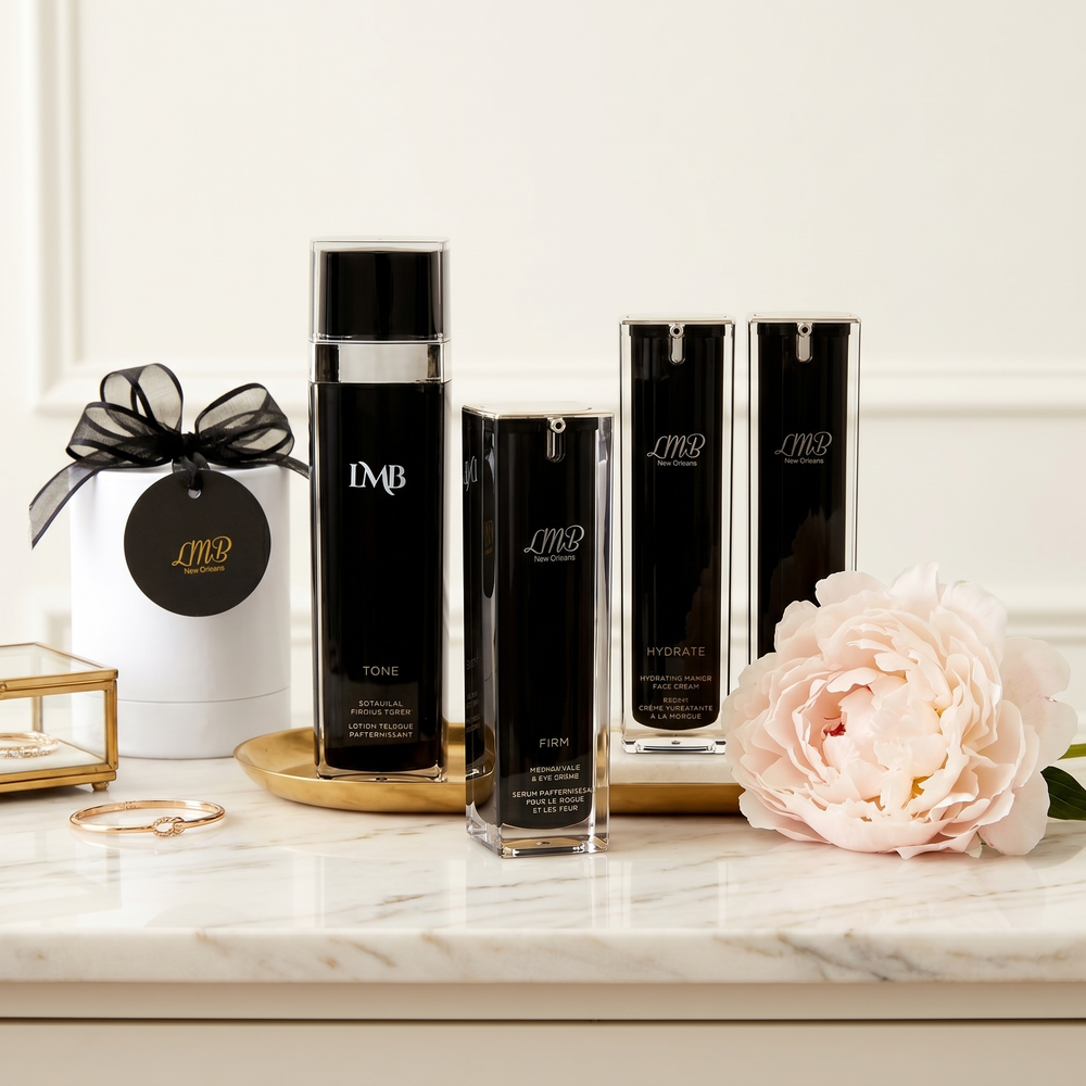 Skincare products with flowers.