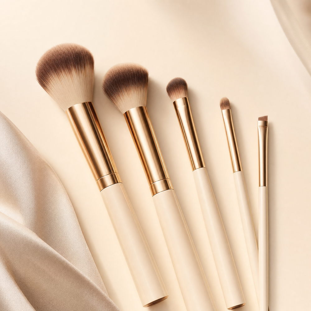 Makeup brushes in warm light.