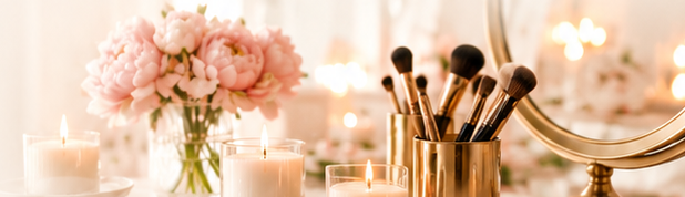Bright vanity with flowers, candles, makeup brushes, and a mirror.