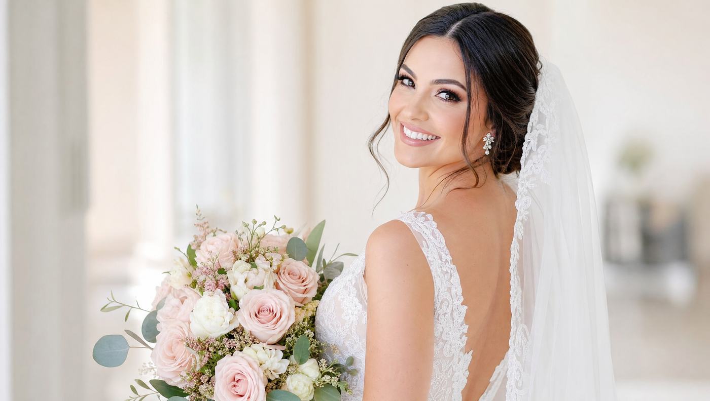 Bride holding a blush rose bouquet in soft studio light