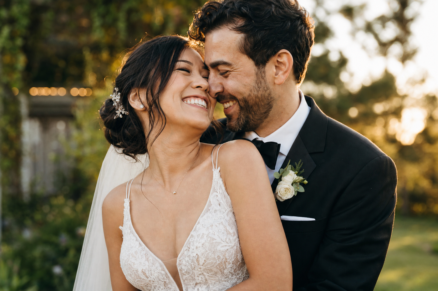 Bride and groom sharing a kiss outside