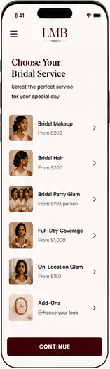 Mobile booking step one: choose bridal service