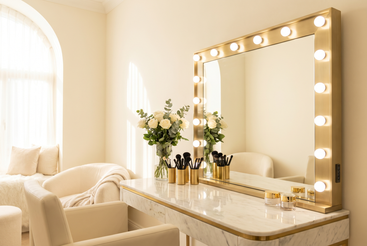 LMB studio vanity with mirrors, products, flowers, candles, and styling chair