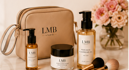 LMB mobile beauty kit with skincare products and brushes